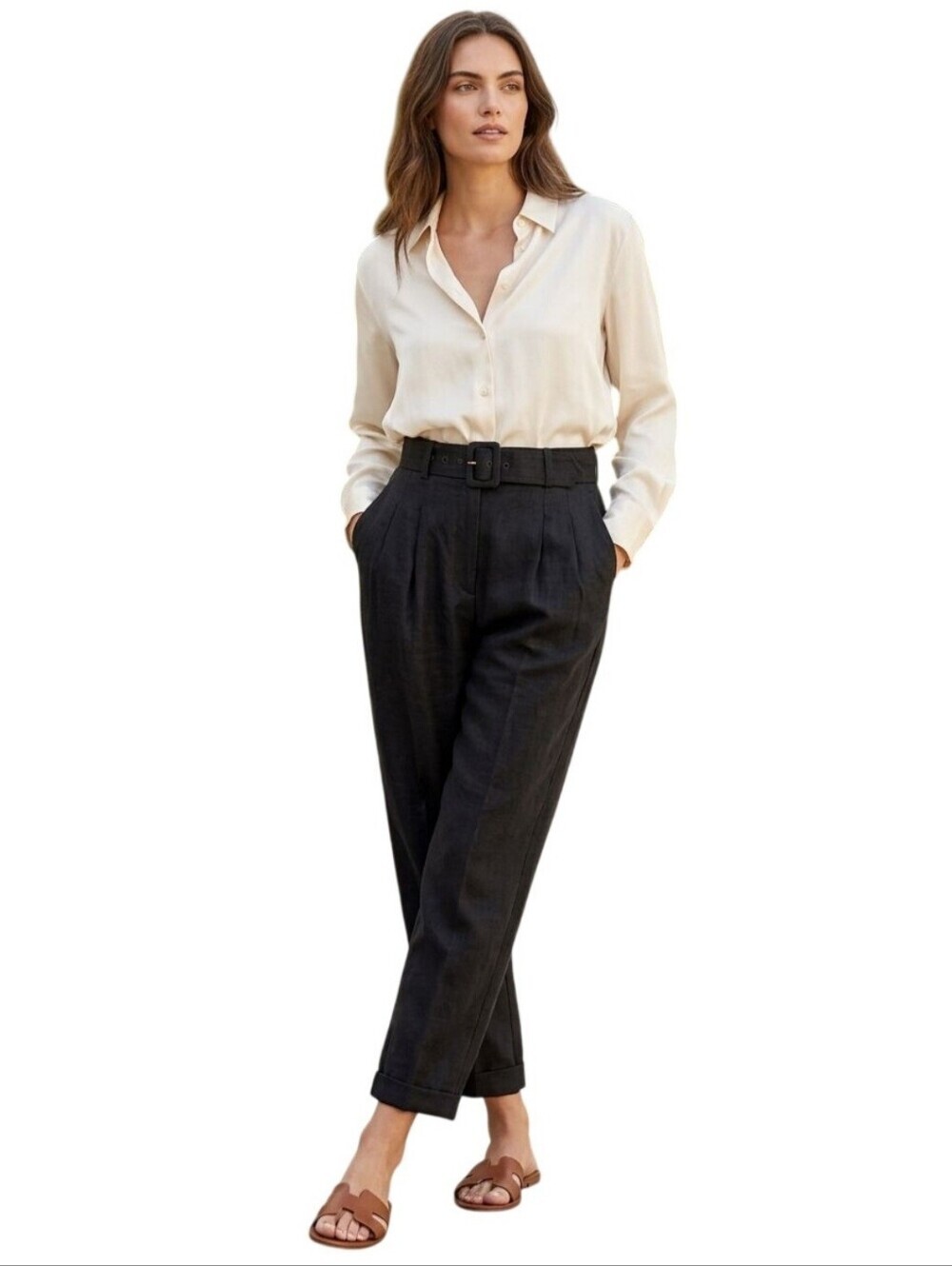 Casual Corner NWT Linen Blend Belted Cuffed Pleated Navy Dress Pants Size 8